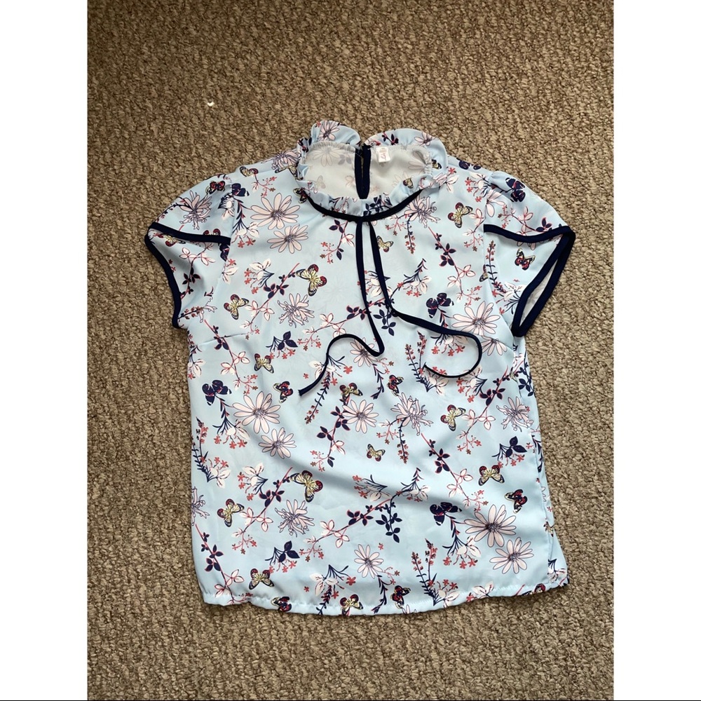 First Lady Aqua Blue Floral Blouse